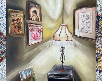 May include: A painting of a room interior with a lamp, a record player, and several framed pictures on the walls. The lamp is in the corner of the room and has a white lampshade. The record player is on a table in the foreground. The pictures on the walls are of various subjects, including a bird, a flower, and a person.