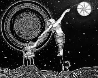 May include: Black and white illustration of a celestial scene. A figure reaches towards a star, while another figure interacts with a vintage gramophone. The background is filled with stars and geometric shapes, creating a mystical atmosphere.