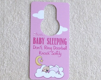 Pink Baby Sleeping Sign: No Soliciting Door Hanger