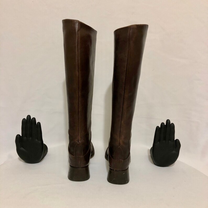 Size 8.5 Tall Brown Genuine Leather 1980s Italian Made Flat Vintage Riding Boots Pull On Riding Boots By Nickels.