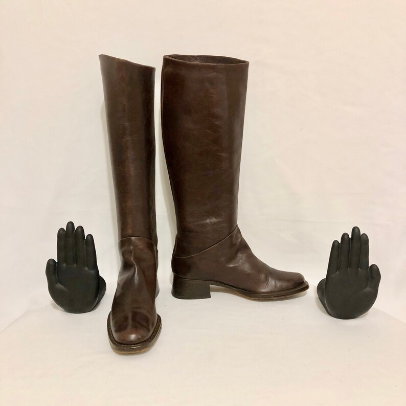 Size 8.5 Tall Brown Genuine Leather 1980s Italian Made Flat Vintage Riding Boots Pull On Riding Boots By Nickels.