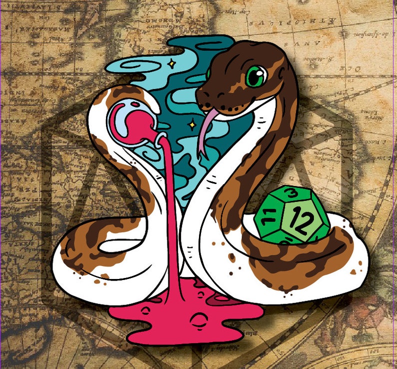 Op de afbeelding: Een witte en bruine slang met een groene 12-zijdige dobbelsteen in zijn windingen. De slang giet een roze vloeistof uit een fles. De achtergrond is een vintage kaart.