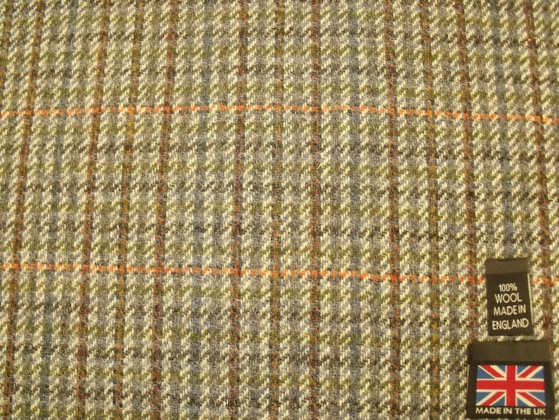 100/% WOOL TWEED FABRIC MIX LT GREY//PINK WINDOWPANE CHECK MADE IN GREAT BRITAIN