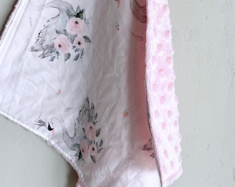 Lovey Blanket Swan Floral | Minky Lovey 17"x17" | Watercolor Swans Lovey Swan Lovey Cuddle Blanket Security Blanket Blush Lovey Girl