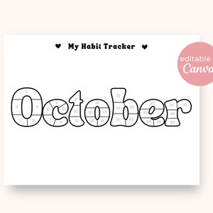 Könnte beinhalten: Ein schwarz-weißer druckbarer Habit-Tracker für den Monat Oktober. Der Monat ist in großen Buchstaben ausgeschrieben, wobei jeder Buchstabe in Kästchen unterteilt ist, die von 1 bis 31 nummeriert sind.