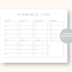Weekly Meal Planner Printable | Instant Download | Landscape Meal Plan Minimalist Breakfast Lunch Dinner Meal Plan Chart Daily Food Tracker