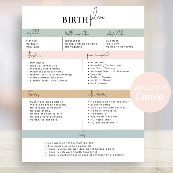 Birth Plan Template  | Minimalist Editable Birth Preferences on Canva Printable Birthing Checklist Hospital Natural Childbirth Education