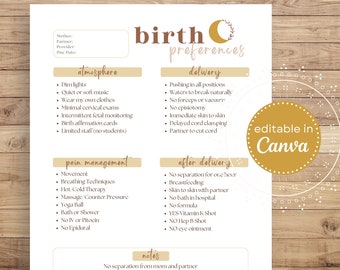 Birth Plan Template | Editable Birth Preferences on Canva | Printable Birthing Plan Template | Boho Moon Stars Modern Neutral Natural