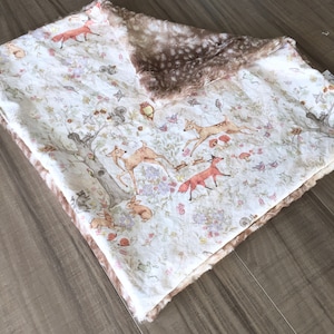 Lovey 17&quot;x17&quot; Woodland Animals | Cotton + Minky Faux Fur | Woodland Lovey Girl Fawn Minky Security Blanket Deer Gender Neutral