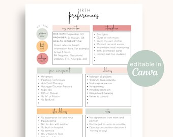 Birth Plan Template | Editable Printable Birth Preferences on Canva Birthing Plan Template Birth Plan Checklist Natural Birth Boho Rainbow