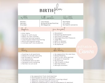 May include: A printable birth plan checklist with sections for my vitals, health information, baby's vitals, atmosphere, pain management, delivery, after delivery, and notes. The checklist is in a light green, pink, and brown color scheme with the text "editable in Canva" in the bottom right corner.