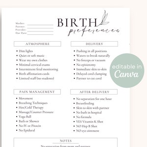 Birth Plan Template | Editable Birth Preferences on Canva Printable Birth Plan Natural Birth Plan Sample Birthing Plan Checklist Minimalist