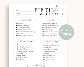 Birth Plan Template | Editable Birth Preferences on Canva Printable Birth Plan Natural Birth Plan Sample Birthing Plan Checklist Minimalist