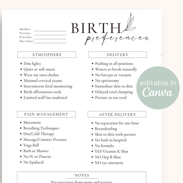 Birth Plan Template | Editable Birth Preferences on Canva Printable Birth Plan Natural Birth Plan Sample Birthing Plan Checklist Minimalist