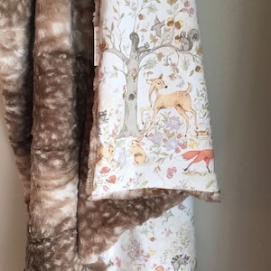 Baby Blanket 34&quot;x40&quot; Woodland Animals | Cotton + Fawn Minky | Woodland Blanket Minky Blanket Fawn Blanket Woodland Nursery Blanket Neutral