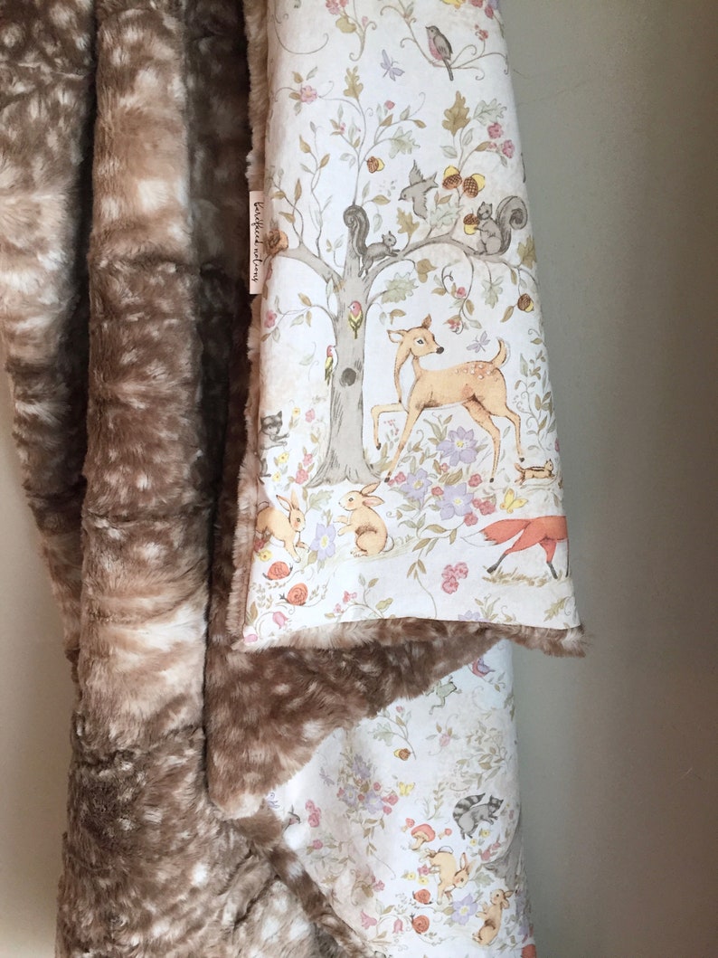Woodland Blanket Minky Blanket Fawn Blanket Woodland Nursery Blanket Neutral Cotton Fawn Minky Baby Blanket 34x40 Woodland Animals