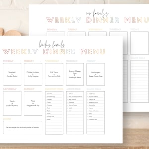 Wekelijks dinermenu bewerkbaar afdrukbaar | Familiemaaltijdplan Regenbooglandschap Planner Ontbijt Lunch Snack Ideeën Grafiek Dagelijkse voedseltracker