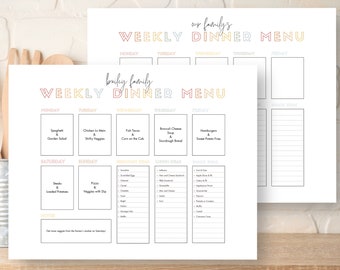 Weekly Dinner Menu Editable Printable | Family Meal Plan Rainbow Landscape Planner Breakfast Lunch Snack Ideas Chart Daily Food Tracker