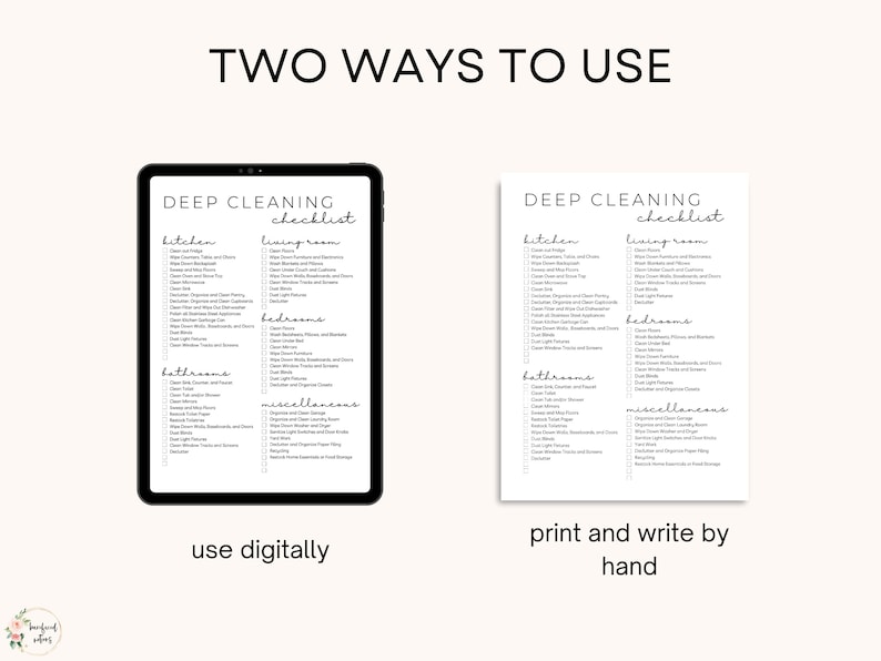 K&ouml;nnte beinhalten: Eine druckbare Tiefenreinigungs-Checkliste mit zwei Optionen: digital verwenden oder ausdrucken und von Hand schreiben. Die Checkliste umfasst Kategorien f&uuml;r K&uuml;che, Wohnzimmer, Schlafzimmer, Badezimmer und Sonstiges.