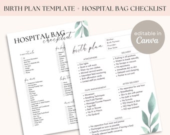 Birth Plan Template + Hospital Bag Checklist | Natural Hospital Birth Template | Digital Download Editable Template on Canva for Preferences
