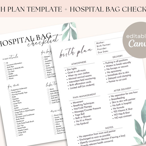 Birth Plan Template + Hospital Bag Checklist | Natural Hospital Birth Template | Digital Download Editable Template on Canva for Preferences