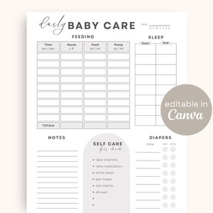 Utskrivbar daglig babyspårning | Taupe redigerbar babyloggbok Nyföddlogg Spädbarns daglig loggbok Babyvård Matningslogg Amning Matningsspårning