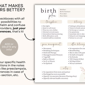 May include: A printable birth plan checklist with sections for atmosphere, pain management, delivery, after delivery, and notes. The checklist includes options for dim lights, quiet music, minimal cervical exams, intermittent fetal monitoring, birth affirmation cards, limited staff, movement, breathing techniques, hot/cold therapy, massage, yoga ball, bath or shower, no IV or pitocin, no epidural, pushing in all positions, waters to break naturally, no forceps or vacuum, no episiotomy, immediate skin to skin, delayed cord clamping, partner to cut cord, no separation for one hour, breastfeeding, skin to skin with partner, no bath in hospital, no formula, vitamin K shot, no Hep B shot, no eye ointment, no separation from mom and partner, discharged as soon as possible, specify circumcision decision if having a boy, and specify relevant health concerns.