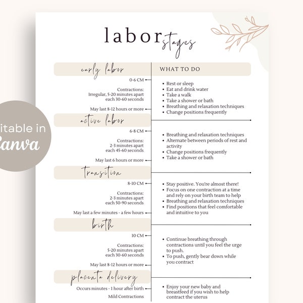 Labor Stages Printable | Editable Phases of Labor Handout | Birth Plan Education | Birth Doula Handout | Midwife Handout | Instant Download