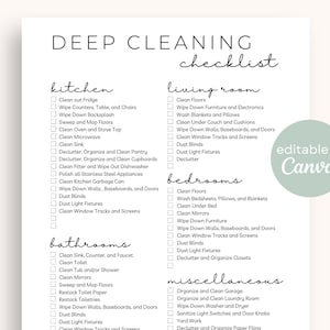 Lista de verificação de limpeza profunda para impressão | Cronograma de limpeza semanal minimalista Lista de verificação de organização Download digital modelo editável no Canva