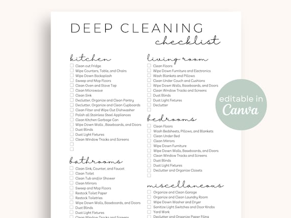 Deep Cleaning Checklist Printable | Minimalist Weekly Cleaning Schedule Decluttering Checklist Digital Download Editable Template on Canva