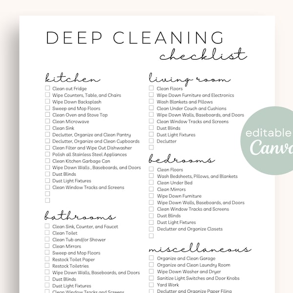 Deep Cleaning Checklist Printable | Minimalist Weekly Cleaning Schedule Decluttering Checklist Digital Download Editable Template on Canva