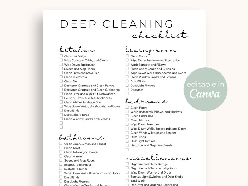 K&ouml;nnte beinhalten: Eine druckbare Tiefenreinigungs-Checkliste mit Abschnitten f&uuml;r K&uuml;che, Wohnzimmer, Schlafzimmer, Badezimmer und verschiedene Aufgaben. Die Checkliste ist in Canva bearbeitbar.