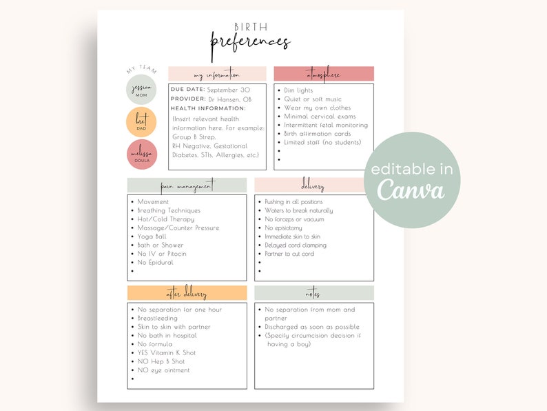 May include: A printable birth preferences checklist with sections for pain management, delivery, after delivery, and notes. The checklist is in a light pink and green color scheme with a light gray background. The text is in black and includes the words "Birth Preferences", "Due Date", "Provider", "Health Information", "Pain Management", "Delivery", "After Delivery", and "Notes".