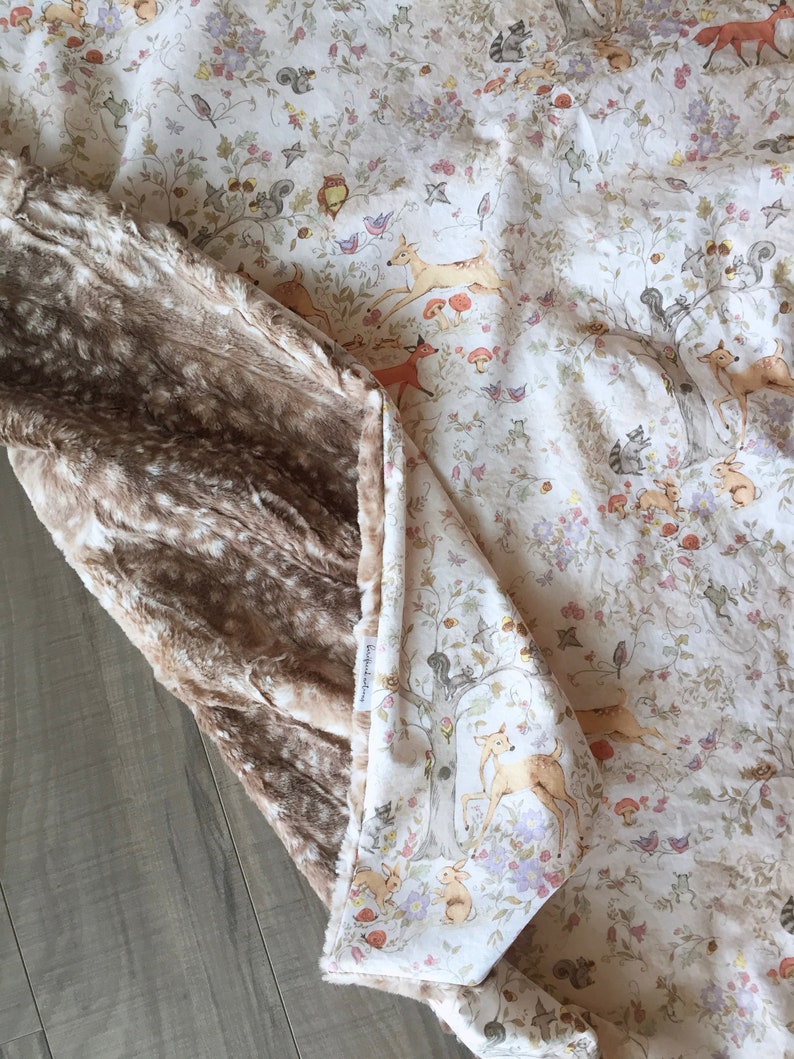 Woodland Blanket Minky Blanket Fawn Blanket Woodland Nursery Blanket Neutral Cotton Fawn Minky Baby Blanket 34x40 Woodland Animals