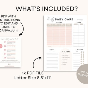 Daily Baby Tracker Printable Blush Editable Baby Log Book Newborn Log Infant Daily Log Baby Care Feeding Log Breastfeeding Feed Tracking image 2