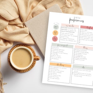May include: A printable birth preferences checklist with sections for "My Information", "Labor Management", "Delivery", and "After Delivery". The checklist includes a variety of options for labor and delivery preferences, such as pain management techniques, delivery positions, and postpartum care.