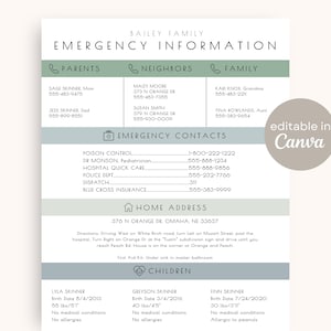 Informatieblad voor noodgevallen | Bewerkbare sjabloon voor contactinformatie voor noodgevallen op Canva | Oppas afdrukbare oppasnotities Nanny koelkast