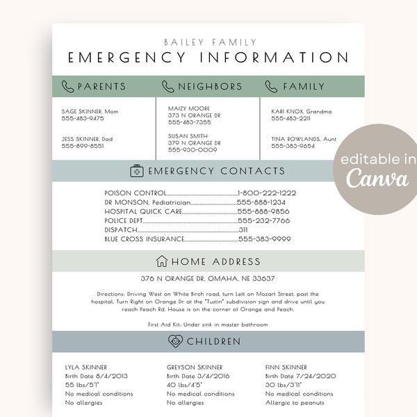 Emergency Information Sheet | Editable Emergency Contact Info Template on Canva | Babysitting Printable Babysitter Notes Nanny Fridge