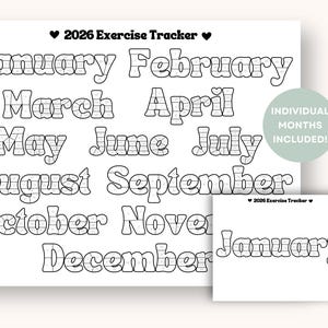 2026 Visuele oefeningstracker Afdrukbare dagelijkse trainingskalender Gewoonte Maandelijkse kleurplaat Doelen bijhouden Vintage hartlettertype Download pdf