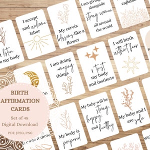 48 tarjetas imprimibles de afirmaciones de parto / Afirmaciones de hipnoparto para el embarazo y el parto / Citas bohemias minimalistas sobre el parto / PDF, JPEG, PNG