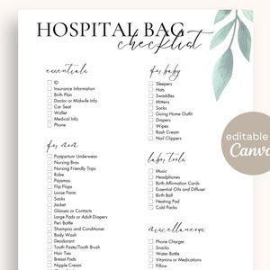Krankenhaustasche Checkliste | Digitaler Download Bearbeitbare Vorlage auf Canva Geburt Packliste Druckbare Krankenhaustasche Liste Minimalistischer Geburtsplan
