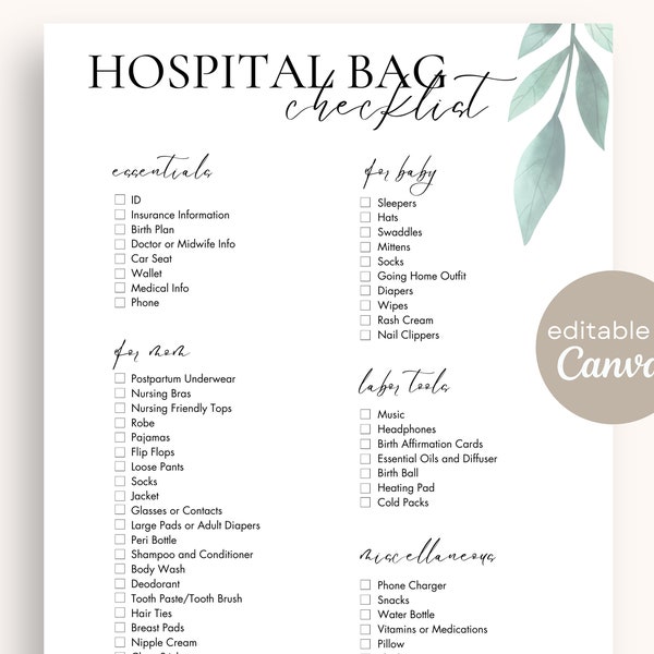 Hospital Bag Checklist | Digital Download Editable Template on Canva Birth Packing List Printable Hospital Bag List Minimalist Birth Plan