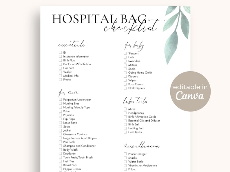 Checklista för sjukhusväska | Digital nedladdning, redigerbar mall på Canva, packlista för förlossning, utskrivbar lista för sjukhusväskor, minimalistisk förlossningsplan bild 1