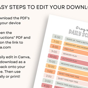 May include: A printable daily schedule for "Grayson" with a pastel color scheme. The schedule includes times and activities like "Wake Up," "Breakfast," and "Outdoor Play." Instructions for editing the PDF are also included.