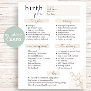 Birth Plan Template Editable Birth Preferences on Canva Printable ...