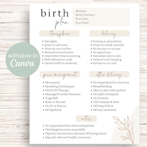 Birth Plan Template Editable Birth Preferences on Canva Printable ...