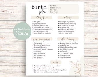 Birth Plan Template | Editable Birth Preferences on Canva Printable Birthing Plan Template Birth Plan Checklist Natural Birth Boho
