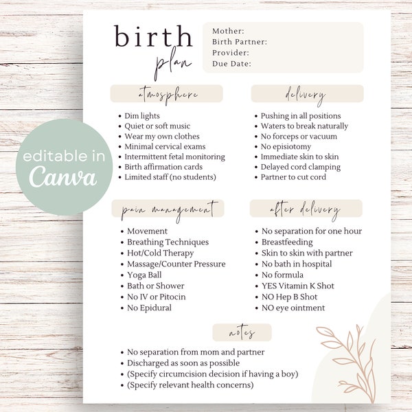 Modèle de plan de naissance | Préférences de naissance modifiables sur Canva Modèle imprimable de plan de naissance Liste de contrôle pour le plan de naissance Naissance naturelle Boho