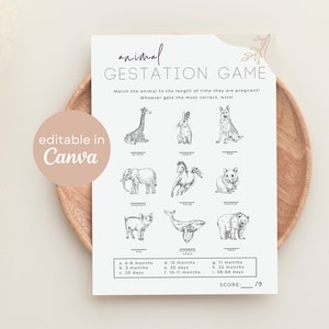 Baby Shower Game Animal Gestation Age Editable Printable | Animal Pregnancy Lengths Boho Minimalistic Neutral Modern Baby Sprinkle B42