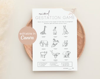 Baby Shower Game Animal Gestation Age Editable Printable | Animal Pregnancy Lengths Boho Minimalistic Neutral Modern Baby Sprinkle B42